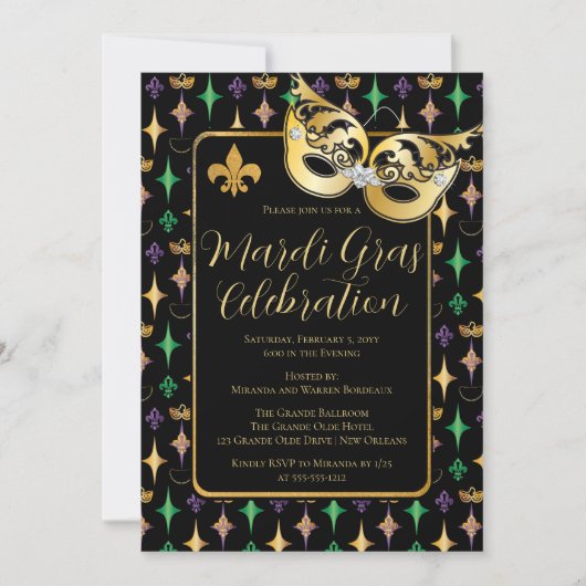 Gold Mask Fleur de Lis Mardi Gras Party Kaart (Voorkant)
