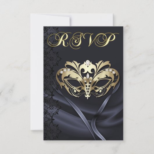 Gold Masquerade Black Jeweled RSVP Uitnodiging (Voorkant)