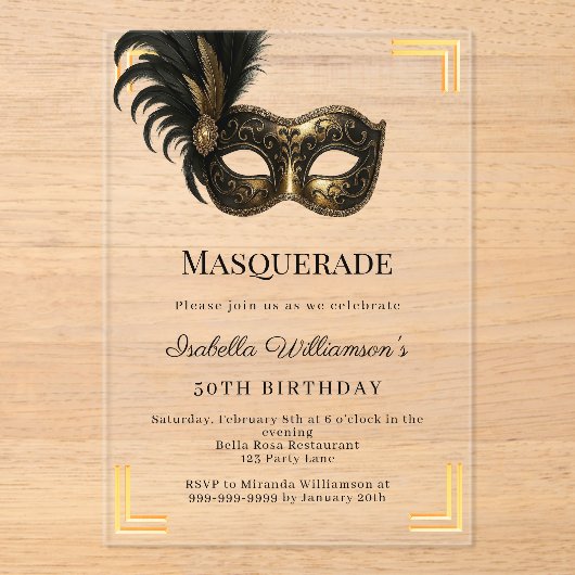 Gold Masquerade luxury birthday party Acryl Uitnodigingen (Voorkant)