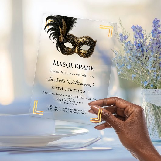 Gold Masquerade luxury birthday party Acryl Uitnodigingen