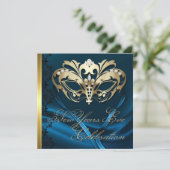 Gold Masquerade Mask Blue New Years Uitnodiging (Staand voorkant)