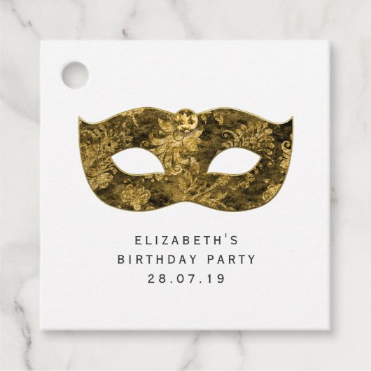 Gold Masquerade Masker en Damask Bedankjes Labels (Voorkant)