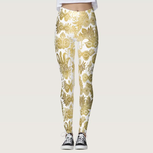 Gold Masquerade maskers op wit patroon Leggings (Voorkant)