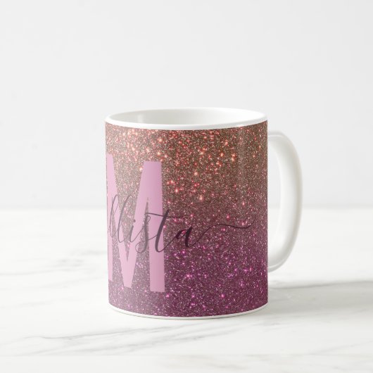 Gold Mauve Paars Sparkly Glitter Ombre Monogram Koffiemok (Voorkant rechts)