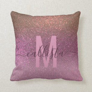 Gold Mauve Paars Sparkly Glitter Ombre Monogram Kussen