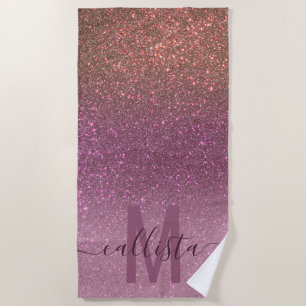 Gold Mauve Paars Sparkly Glitter Ombre Monogram Strandlaken