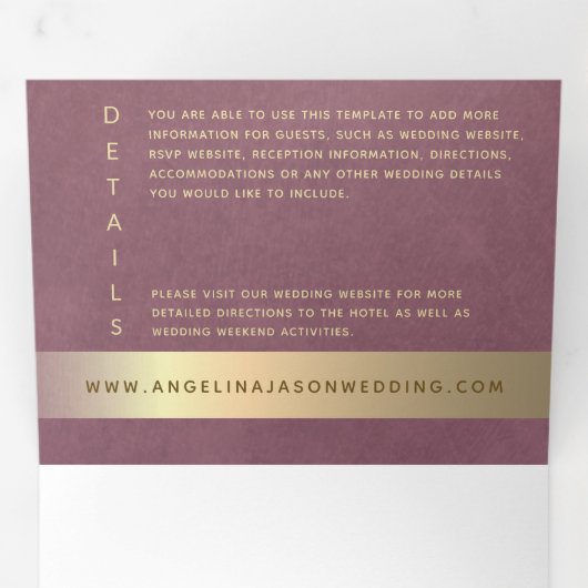 Gold Mauve Paars Wedding Drieluik Uitnodiging (Binnenzijde eerst)