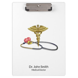 Gold Medical Caduceus & Stethoscope with Heart Klembord