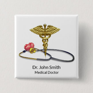 Gold Medical Caduceus & Stethoscope with Heart Vierkante Button 5,1 Cm