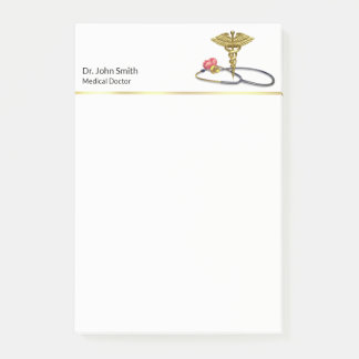 Gold Medical Stethoscope & Caduceus with Heart Post-it® Notes