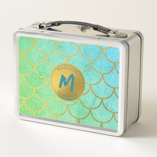 Gold Mermaid Scales Blauwgroen Glitter Pattern Mon (Achterkant)