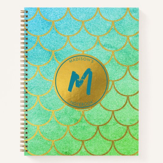 Gold Mermaid Scales Blauwgroen Glitter Pattern Mon Notitieboek (Voorkant)