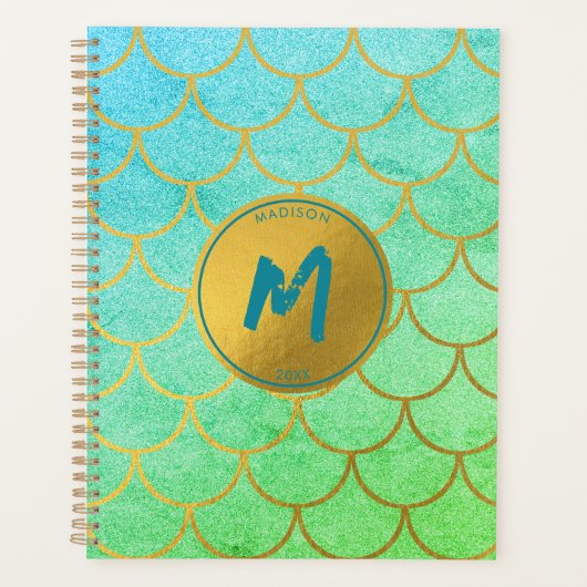 Gold Mermaid Scales Blauwgroen Glitter Pattern Mon Planner (Voorkant)