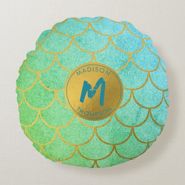 Gold Mermaid Scales Blauwgroen Glitter Pattern Mon Rond Kussen (Voorkant)