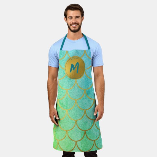 Gold Mermaid Scales Blauwgroen Glitter Pattern Mon Schort (Gedragen)