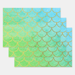 Gold Mermaid Scales Blauwgroen Turquoise Glitter Inpakpapier Vel