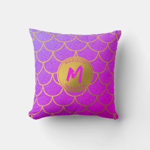 Gold Mermaid Scales Roze Glitter Pattern Monogram Kussen