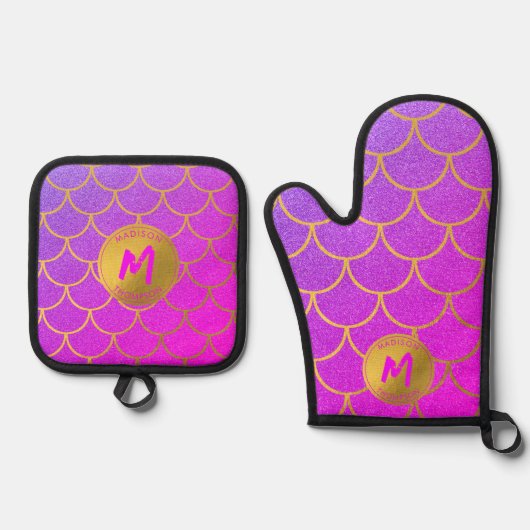 Gold Mermaid Scales Roze Glitter Pattern Monogram Ovenwant & Pannenlap Set (Voorkant)