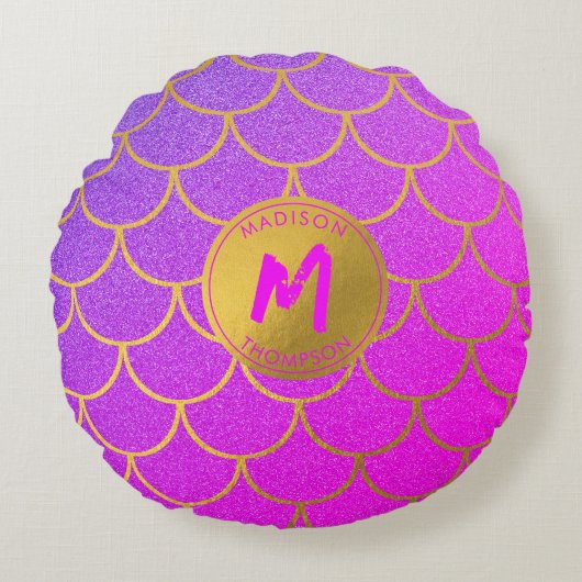 Gold Mermaid Scales Roze Glitter Pattern Monogram Rond Kussen (Voorkant)