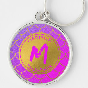 Gold Mermaid Scales Roze Glitter Pattern Monogram Sleutelhanger