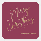 Gold Merry Christmas on Cranberrry Red Vierkante Sticker (Voorkant)