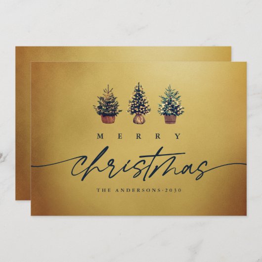 Gold Merry Christmas Waterverf Tree Green Script Feestdagenkaart (Voorkant / Achterkant)