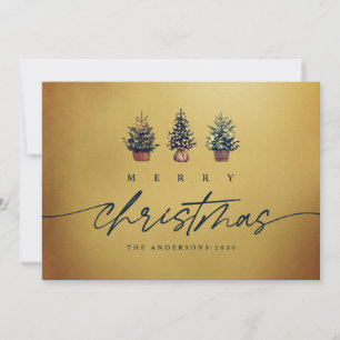 Gold Merry Christmas Waterverf Tree Green Script Feestdagenkaart