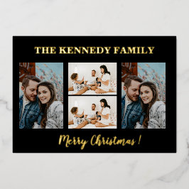 Gold Merry kerstfamilienaam 4 Foto Collage Folie Feestdagenkaart