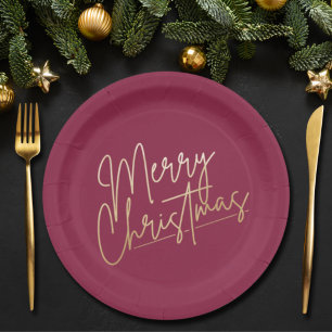 Gold Merry Kerstmis op Cranberry Papieren Bordje