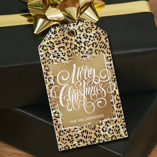 Gold Merry Kerstmis op Leopard Cadeaulabel