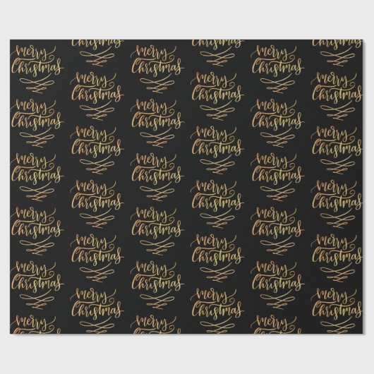 Gold Merry-kerstscript kalligrafie op zwart Cadeaupapier (Vlak)
