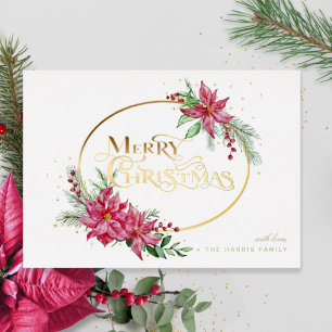Gold Merry-kersttekst met Poinsettias en pine Folie Feestdagenkaart