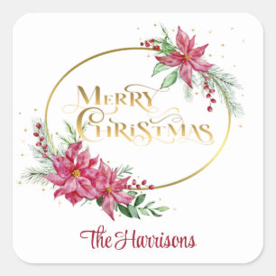 Gold Merry-kersttekst met Poinsettias en pine Vierkante Sticker