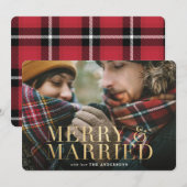 Gold Merry & Married rouge plaid carte photo (Devant / Derrière)