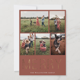 Gold MERRY Modern Photo Collage Holiday Kaart Rood