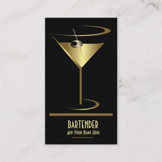 Gold Metallic Cocktail Logo Bartender Visitekaartje (Voorkant)