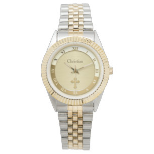 Gold Metallic Cross Name Sjabloon Horloge