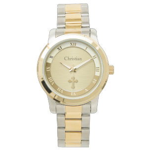 Gold Metallic Cross Name Sjabloon Horloge