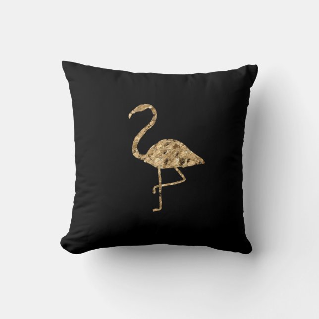 Gold Metallic Flamingo op Black Kussen (Voorkant)