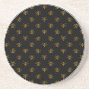 Gold Metallic Foil bijen op zwart Zandsteen Onderzetter