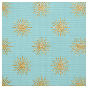 Gold Metallic Foil Sun Star Blauwgroen Aqua Modern Stof