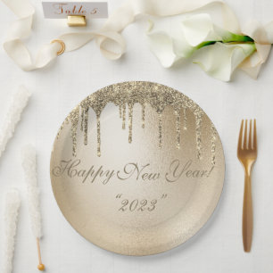 Gold Metallic Glitter Drip Elegant Happy Nieuwjaar Papieren Bordje