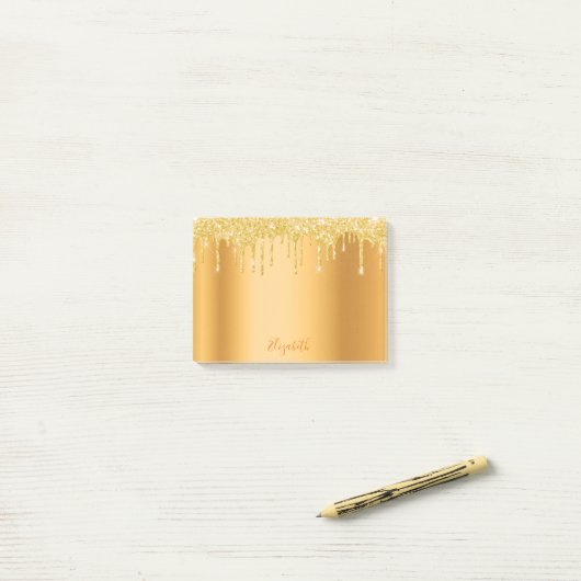 Gold metallic glitter druppelt naamscript in post-it® notes (Op bureau)