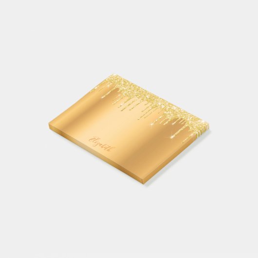 Gold metallic glitter druppelt naamscript in post-it® notes (Schuin)