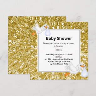 GOLD METALLIC LOOK Stork Baby shower Invitation Kaart