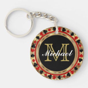 Gold Metallic Poker Design Monogram Sleutelhanger