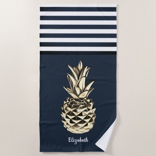 Gold MetallicPineapple Nautical Navy Blue Striped Strandlaken (Voorkant)