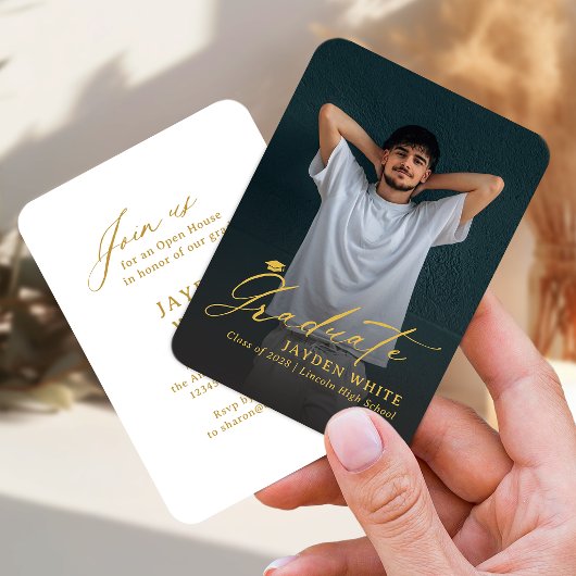 Gold Mini Modern Script Photo Graduation Informatiekaartje