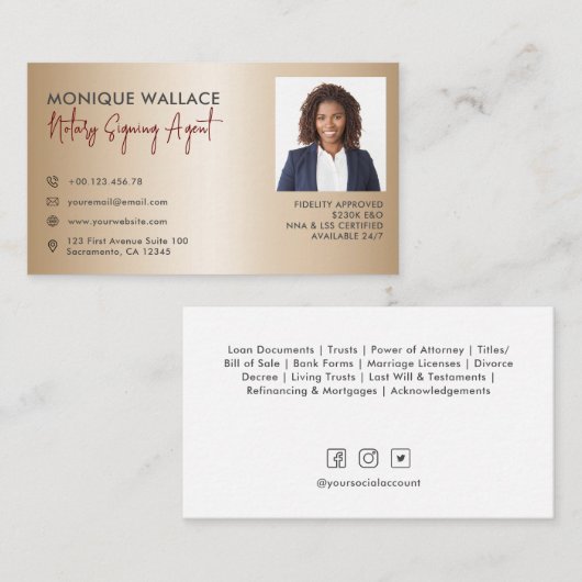Gold Minimal Professional Photo Notional Service Visitekaartje (Voorkant / Achterkant)