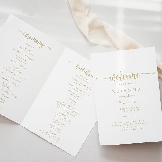 Gold Minimalist Calligraphy Folded Wedding Program Programma